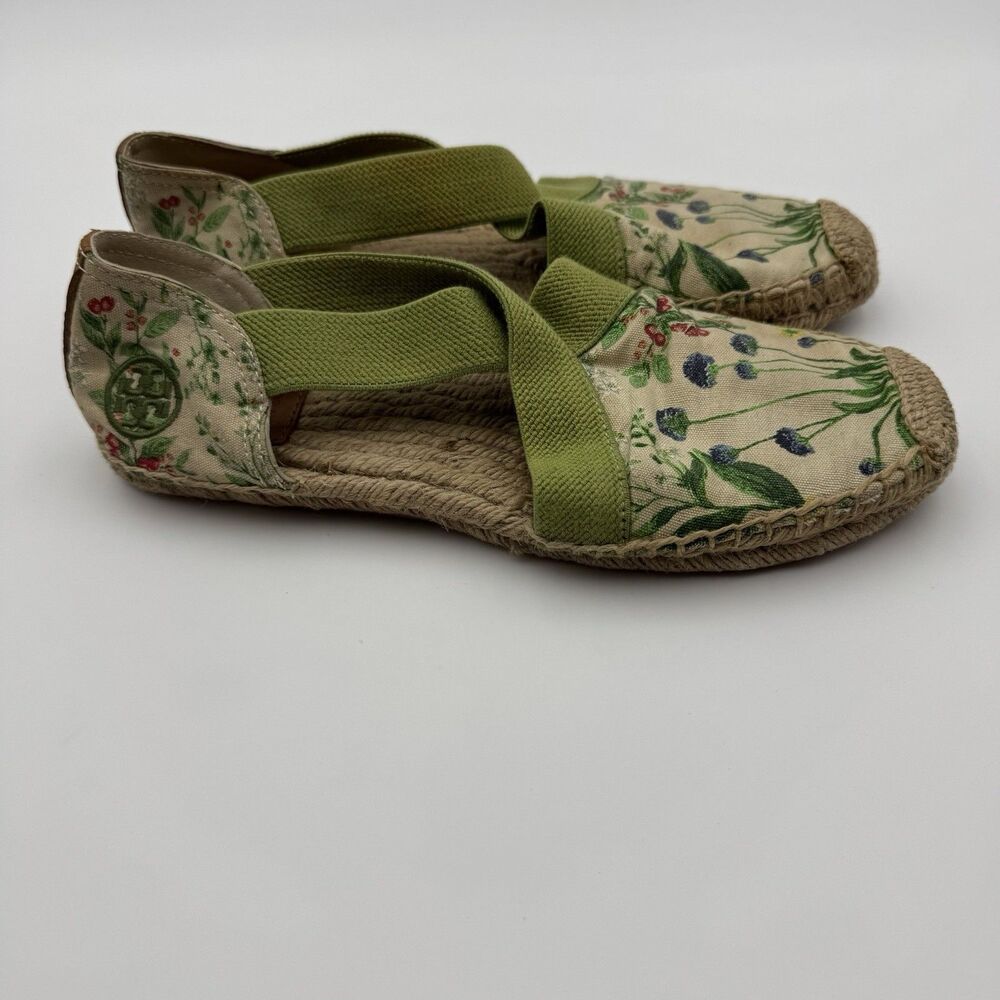 Tory Burch Catalina Floral Botanical Espadrilles Canvas Elastic Sz 8 1/2 Flaws
